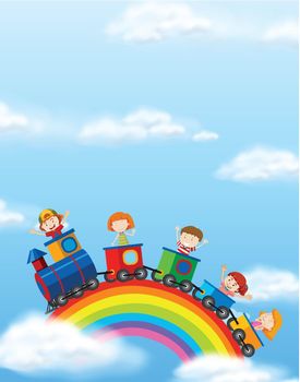Children riding train on rainbow illustration