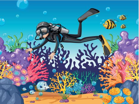 Scuba diver diving in beautiful reef