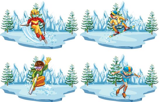 Four scenes with people playing ski and snowboarding