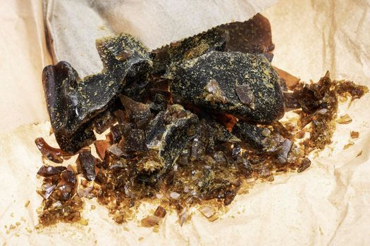medical marijuana shatter wax processed cannabis concentrate closeup in california