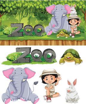 Safari girl and zoo animals