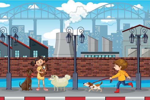 Kids and pets urban scene illustration