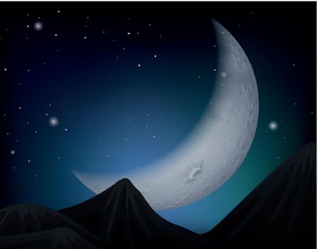 Cresent moon over hills scene