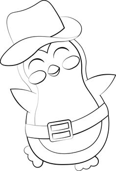 Cute cartoon Penguin Cowboy. Draw illustration in black and white