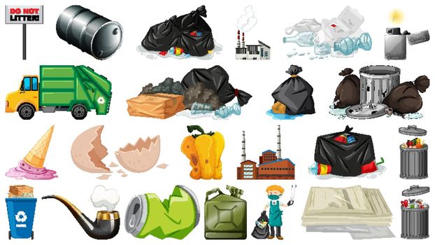 Pollution, litter, rubbish and trash objects isolated