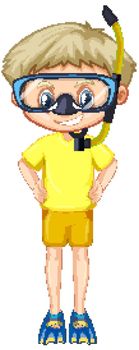 Boy in yellow shirt with snorkel and fins