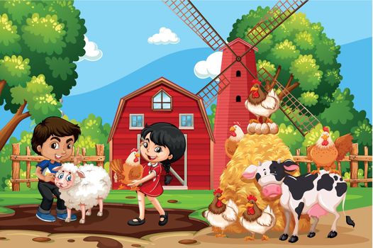 Children in farm scene with animals illustration