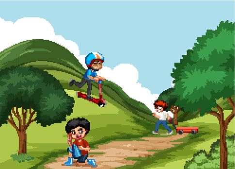 Scene with three boys playing in the park illustration