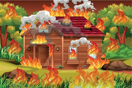 Wooden house on fire illustration