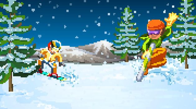 Scene with people doing snowboarding in the field