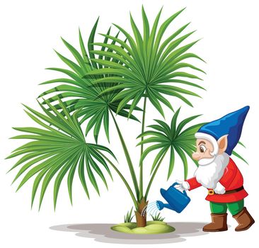 Goblin watering tree position in cartoon character on white background