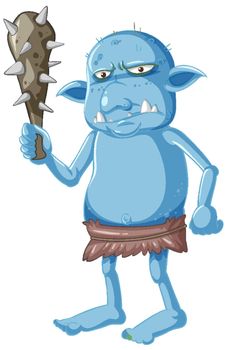 Blue goblin or troll holding hunting tool in cartoon character isolated