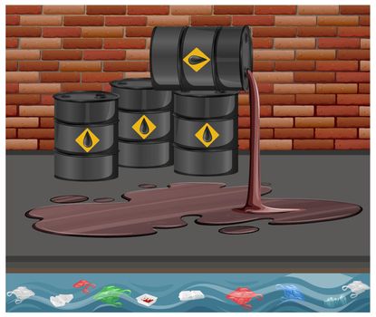 Black oil barrels with crude sign spill oil on the floor on brick background