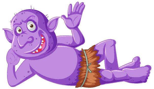 Purple goblin or troll smile while lying down in cartoon character isolated
