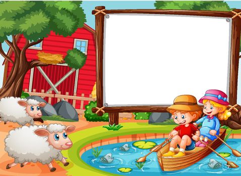 Blank banner in the forest scene with children row the boat