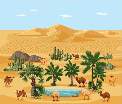 Desert oasis with palms and camel nature landscape scene