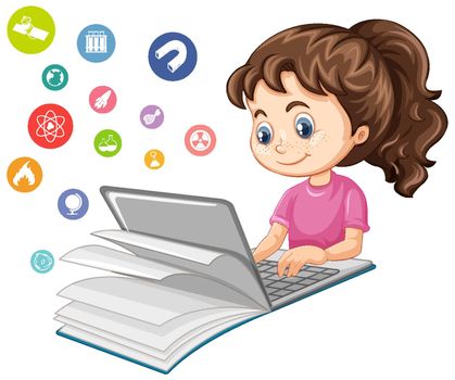 Girl searching on laptop with education icon cartoon style isolated on white background