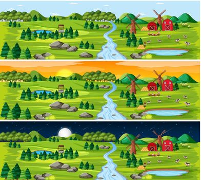 Set of countryside landscape in different time in a day illustration