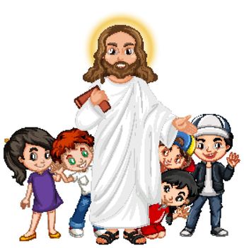 Jesus with a children group cartoon character