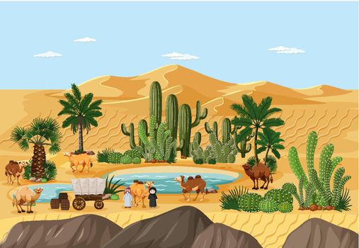 Desert oasis with palms and catus nature landscape scene