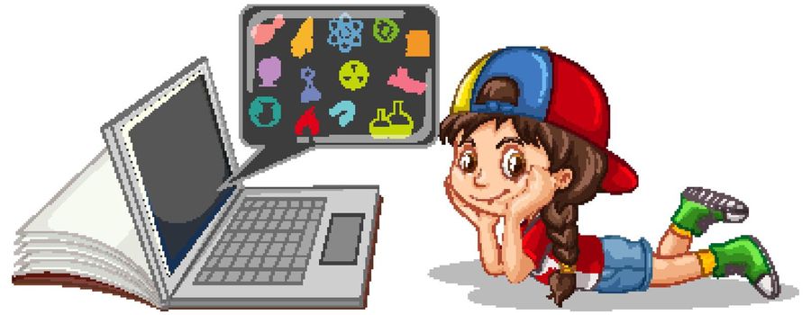 Girl with laptop and education icon isolated illustration