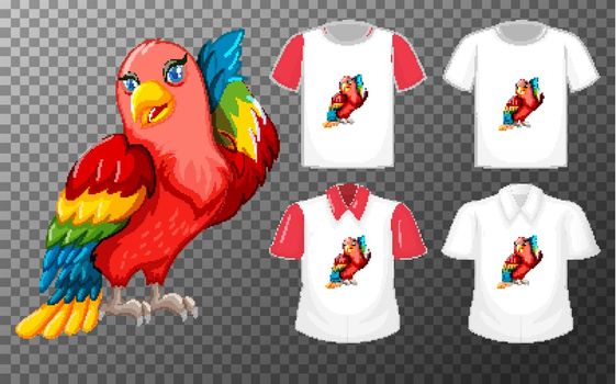 Set of different shirts with parrot bird cartoon character isolated on transparent background