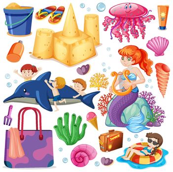 Set of summer beach icon and mermaid cartoon character on white background