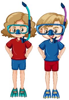 Boy and girl wearing snorkels and fins on white background
