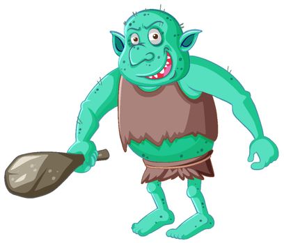 Green goblin or troll holding hunting tool in cartoon character isolated