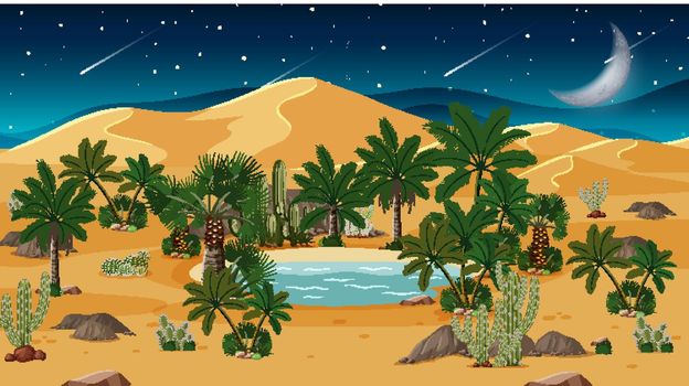 Desert forest landscape at night scene with oasis