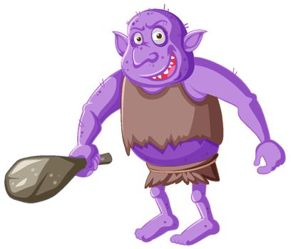 Purple goblin or troll holding hunting tool in cartoon character isolated