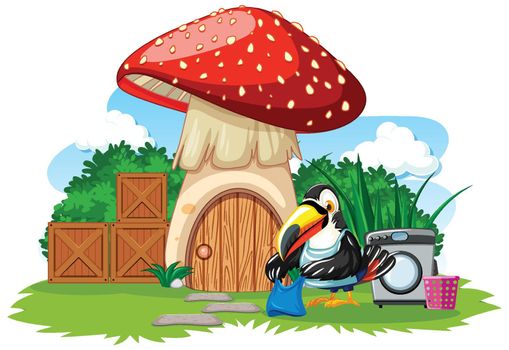 Mushroom house with cute bird cartoon style on white background