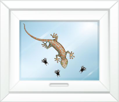 Gecko on glass window with many fly in cartoon style