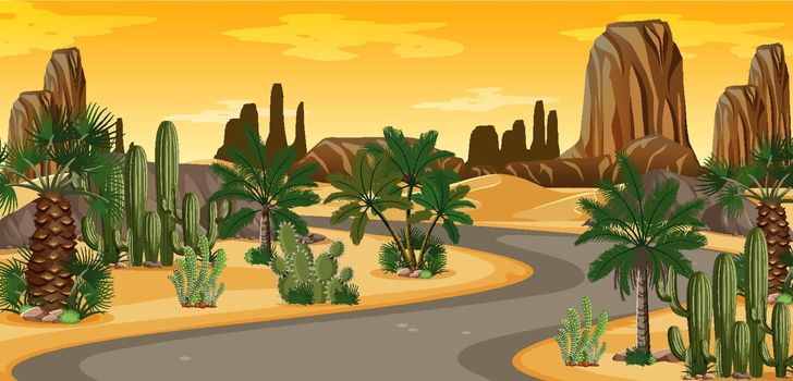 Desert oasis with palms and road nature landscape scene