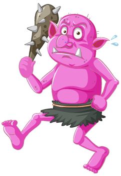 Pink goblin or troll holding hunting tool in cartoon character isolated