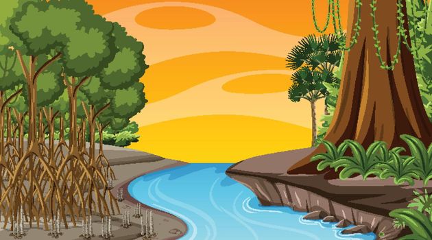 Nature scene with Mangrove forest at sunset time in cartoon style