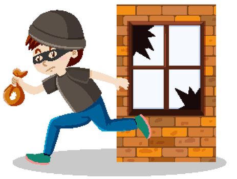 Robber or thief broke the window glass and holding small money bag cartoon isolated