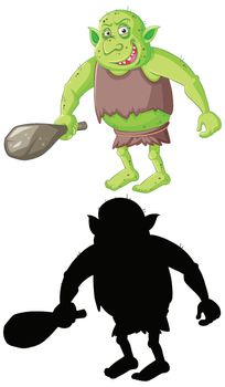 Goblin or troll in color and silhouette in cartoon character on white background