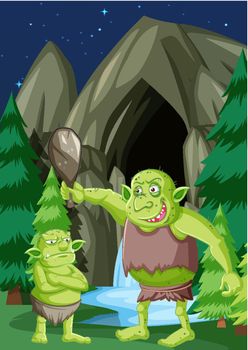 Night scene with goblin or troll cartoon character