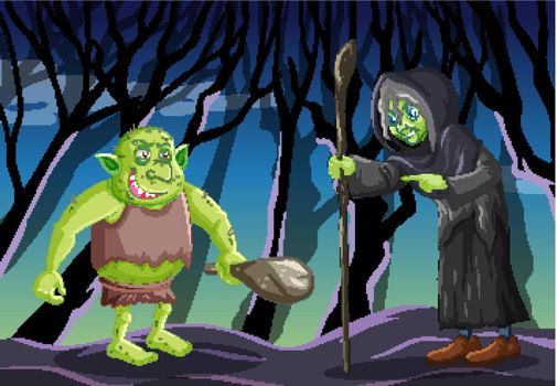 Wizard or witch with goblin or troll on dark forest background