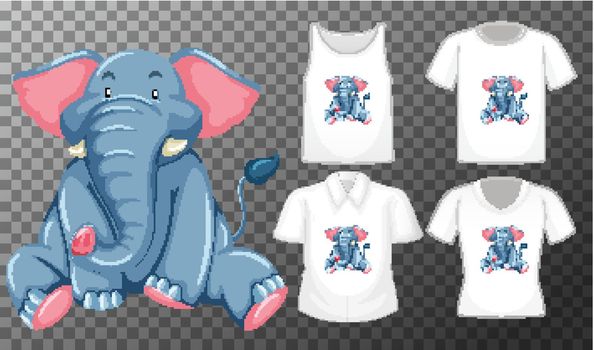 Set of different shirts with elephant cartoon character isolated on transparent background