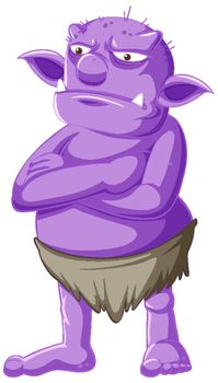 Purple goblin or troll standing pose with anger face in cartoon character isolated