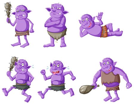 Set of purple goblin or troll in different poses in cartoon character isolated