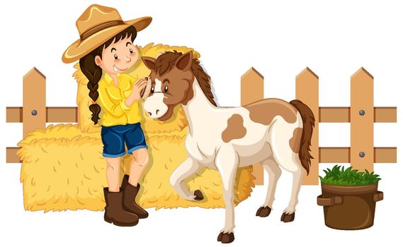 Farmgirl and cute pony on white background