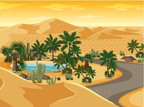Desert oasis with long road landscape scene