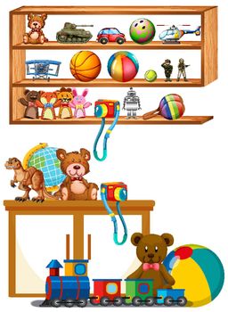 Many toys on the wooden shelves