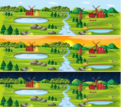 Set of countryside landscape in different time in a day illustration