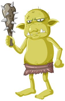 Green goblin or troll holding hunting tool in cartoon character isolated