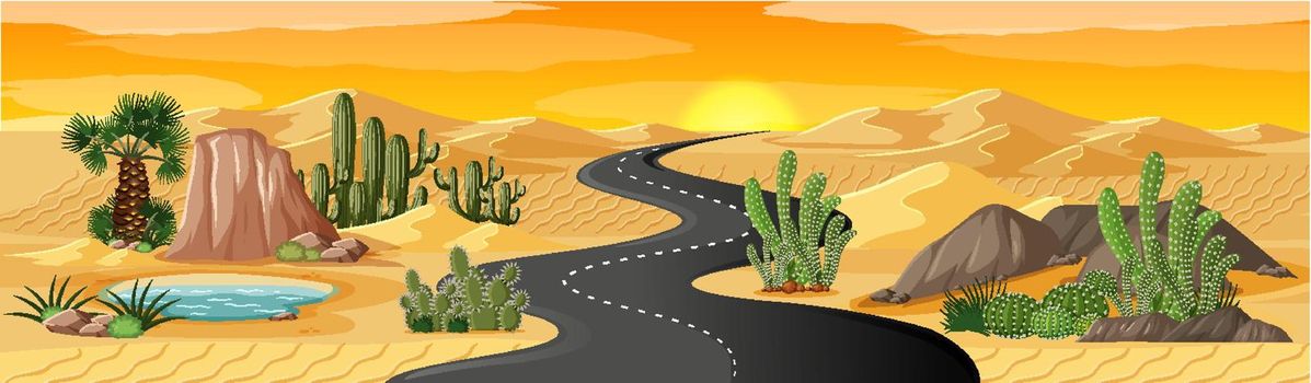 Desert oasis with long road landscape scene