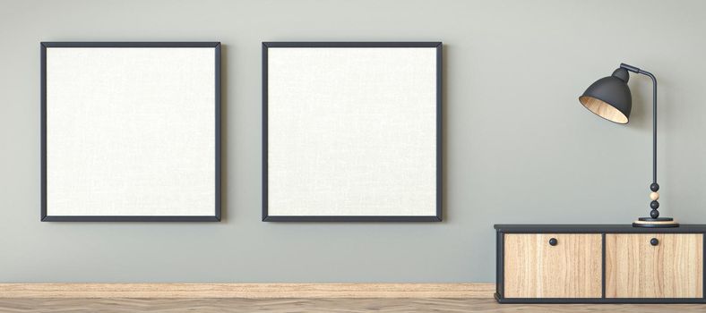 Mock up two square blank picture frames and electric lamp 3D